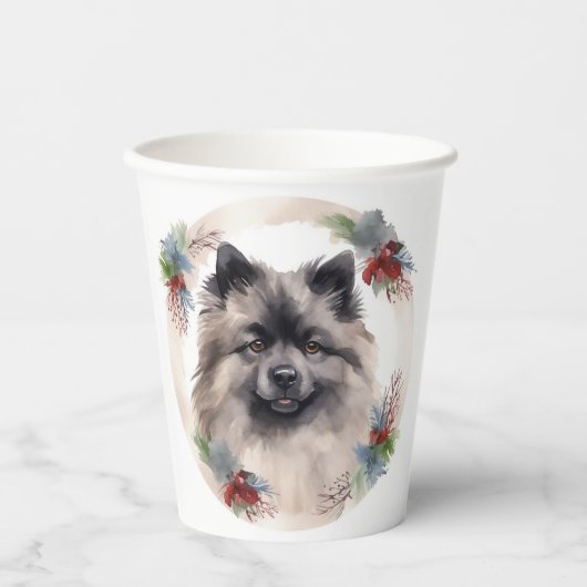 Keeshond Kerstkrans Feestelijke Pup Papieren Bekers (Voorkant)