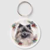 Keeshond Kerstkrans Feestelijke Pup Sleutelhanger (Achterkant)