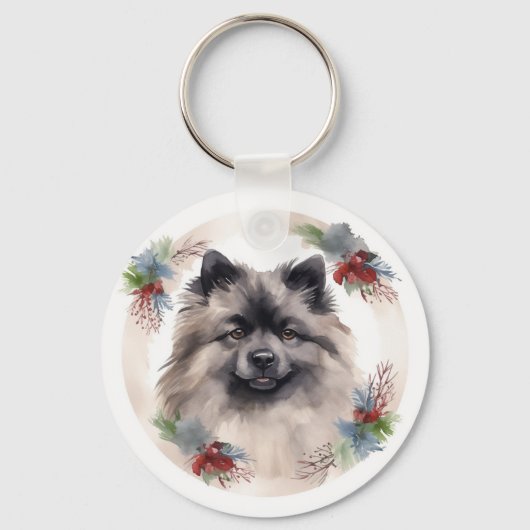 Keeshond Kerstkrans Feestelijke Pup Sleutelhanger (Achterkant)