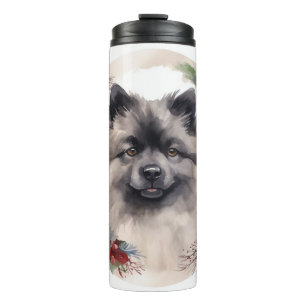 Keeshond Kerstkrans Feestelijke Pup Thermosbeker
