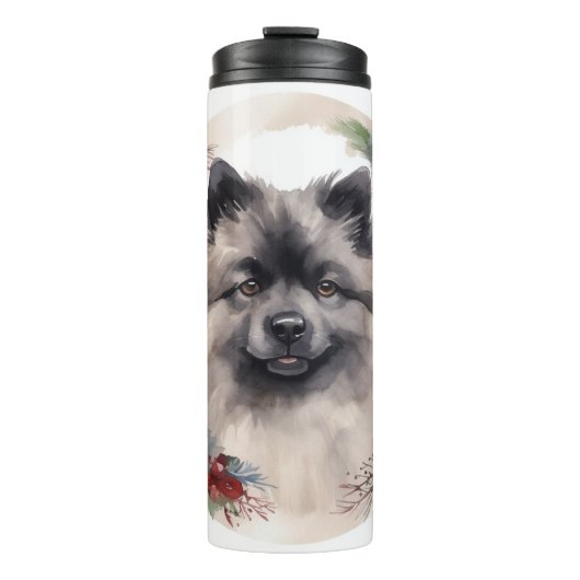 Keeshond Kerstkrans Feestelijke Pup Thermosbeker (Voorkant)