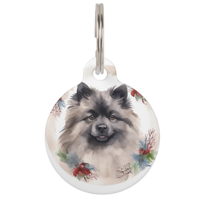 Keeshond Kerstkrans Festieve Pup Huisdierpenning (Voorkant)