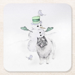 Keeshond Kerstmis Snowman Painting Dog Art Vierkante Kartonnen Onderzetter