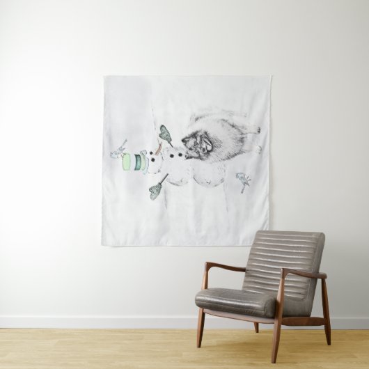 Keeshond Kerstmis Snowman Painting Dog Art Wandkleed (In situ)