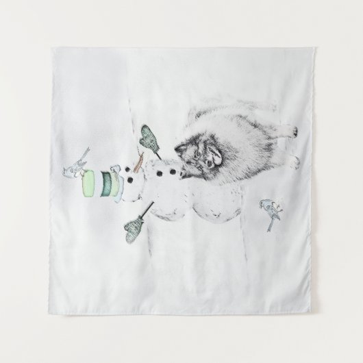 Keeshond Kerstmis Snowman Painting Dog Art Wandkleed (Voorkant)