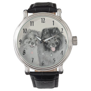 Keeshond Ma en Son Painting - Original Dog Art Horloge