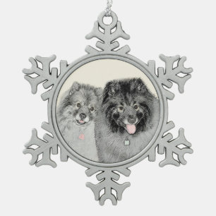 Keeshond Ma en Son Painting - Original Dog Art Tin Sneeuwvlok Ornament