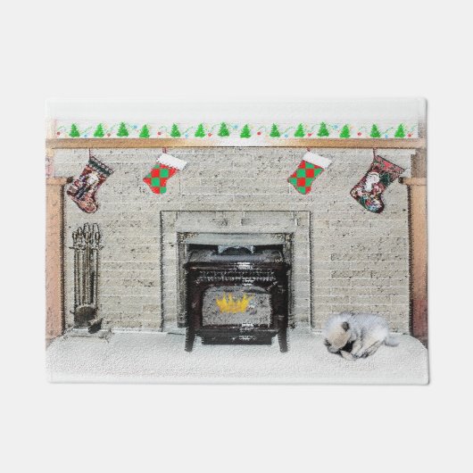 Keeshond met Kerstmis Puppy Dog met Fireplace Pain Deurmat (Voorkant)