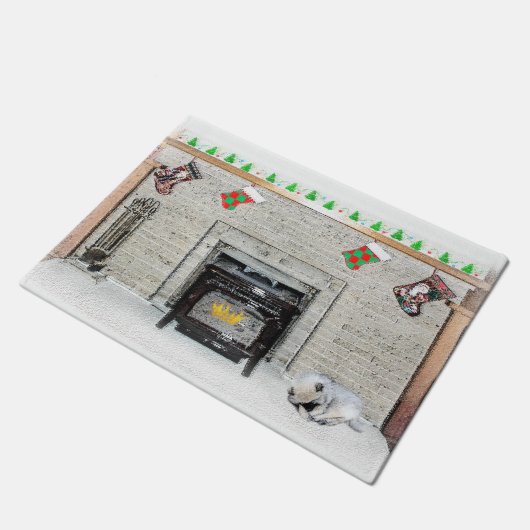 Keeshond met Kerstmis Puppy Dog met Fireplace Pain Deurmat (Schuin)
