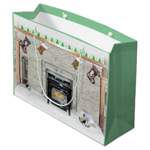 Keeshond met Kerstmis Puppy Dog met Fireplace Pain Groot Cadeauzakje