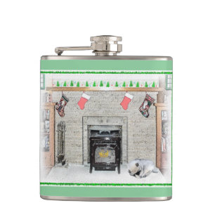 Keeshond met Kerstmis Puppy Dog met Fireplace Pain Heupfles