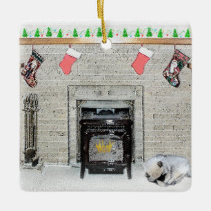 Keeshond met Kerstmis Puppy Dog met Fireplace Pain Keramisch Ornament