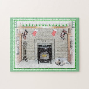 Keeshond met Kerstmis Puppy Dog met Fireplace Pain Legpuzzel