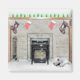 Keeshond met Kerstmis Puppy Dog met Fireplace Pain Magneet
