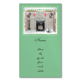Keeshond met Kerstmis Puppy Dog met Fireplace Pain Magnetisch Visitekaartje