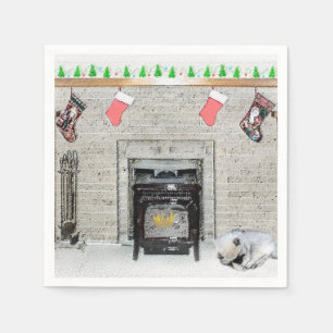 Keeshond met Kerstmis Puppy Dog met Fireplace Pain Servet