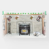 Keeshond met Kerstmis Puppy Dog met Fireplace Pain Spandoek (Horizontaal)