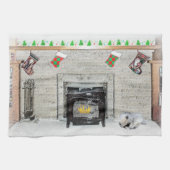 Keeshond met Kerstmis Puppy Dog met Fireplace Pain Theedoek (Horizontaal)