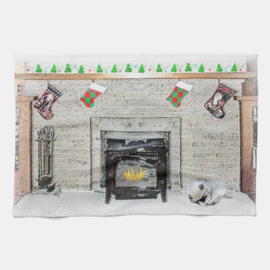 Keeshond met Kerstmis Puppy Dog met Fireplace Pain Theedoek (Horizontaal)