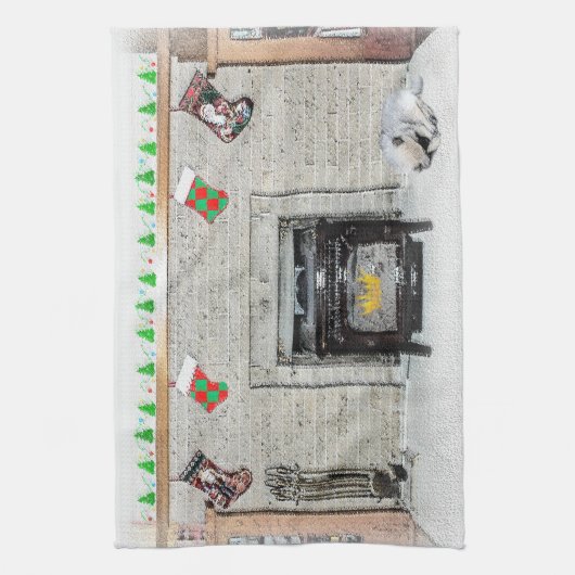 Keeshond met Kerstmis Puppy Dog met Fireplace Pain Theedoek (Verticaal)