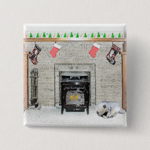 Keeshond met Kerstmis Puppy Dog met Fireplace Pain Vierkante Button 5,1 Cm