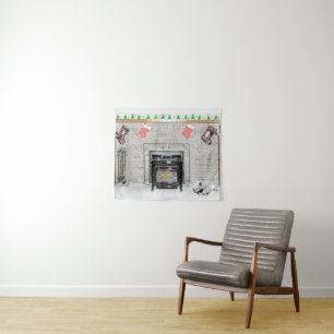 Keeshond met Kerstmis Puppy Dog met Fireplace Pain Wandkleed