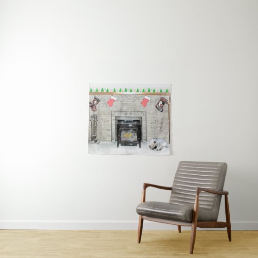 Keeshond met Kerstmis Puppy Dog met Fireplace Pain Wandkleed (In Situ (horizontaal))