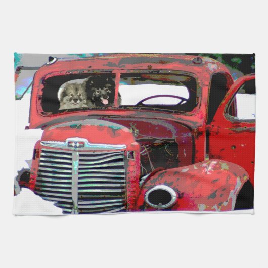 Keeshond Old Truck Paing Art Theedoek (Horizontaal)