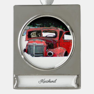 Keeshond Old Truck Paing Art Verzilverd Banner Ornament