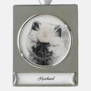 Keeshond Puppy Drawing - Cute Original Dog Art Verzilverd Banner Ornament