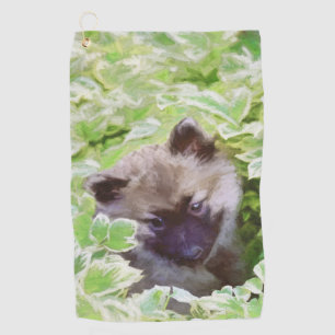 Keeshond Puppy in de Tuin Schilderij Originele Kun Golfhanddoek