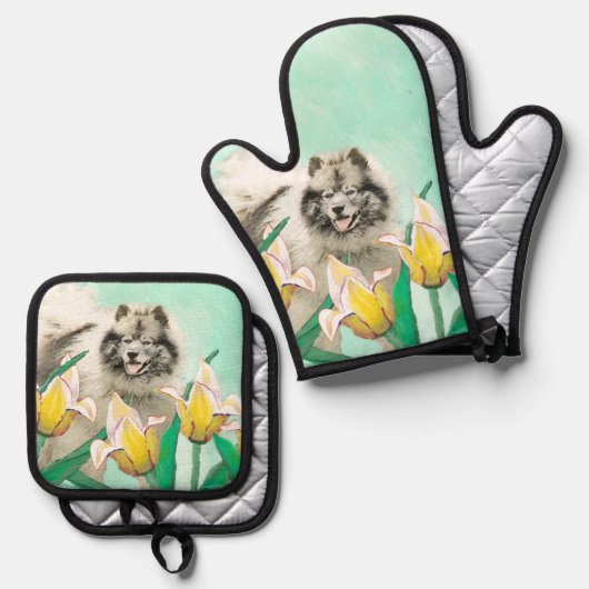 Keeshond Schilderen in Tulpen Schattigee Originele Ovenwant & Pannenlap Set (Voorkant / Achterkant)