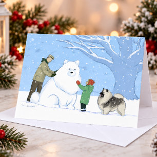 Keeshond Sneeuw Hond Mooie Winter Scene Kerstmis Feestdagen Kaart