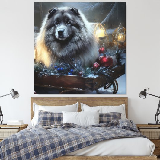 Keeshond Snowy Sleigh Kerst Decor Canvas Afdruk (Insitu (Slaapkamer))