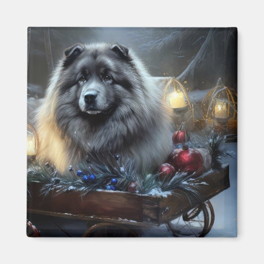 Keeshond Snowy Sleigh Kerst Decor Magneet (Voorkant)