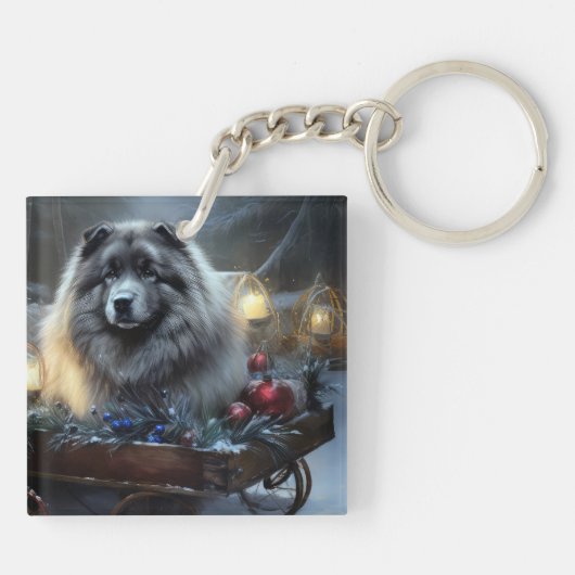 Keeshond Snowy Sleigh Kerst Decor Sleutelhanger (Achterkant)