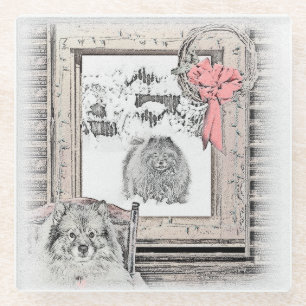 Keeshond Winter Window Paining Art Glazen Onderzetter