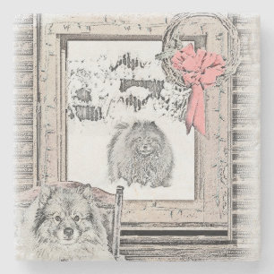 Keeshond Winter Window Paining Art Stenen Onderzetter