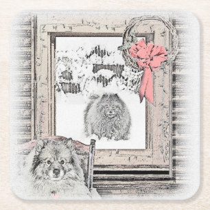 Keeshond Winter Window Paining Art Vierkante Kartonnen Onderzetter