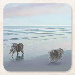 Keeshonds in de Seashore-schilderkunst Vierkante Kartonnen Onderzetter