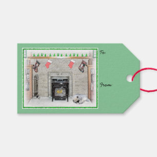 Keespap met kerstpapaverhond in plaats van schilde cadeaulabel