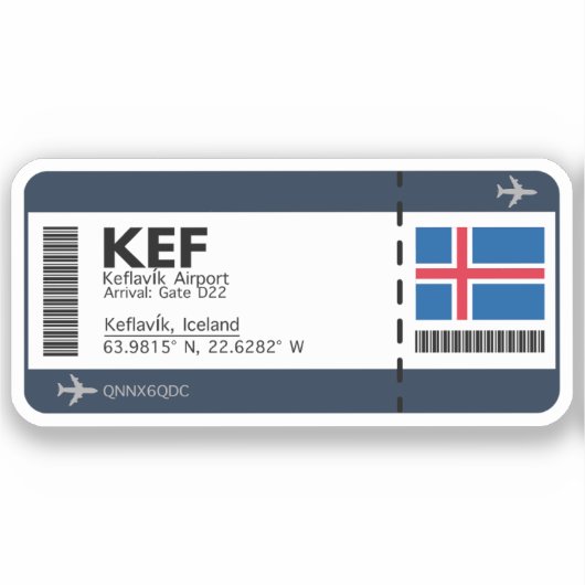 KEF Keflavik Boarding Pass - IJsland Ticket Sticker (Voorkant)