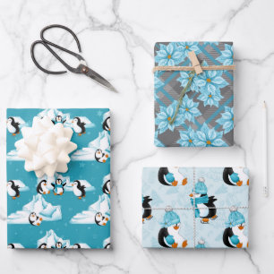 Kegelpinguïns kerstfloralen inpakpapier vel