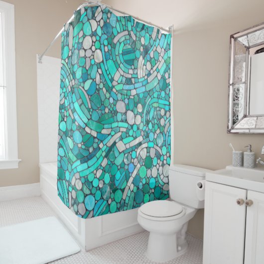 Keien Mozaïek Kunst - Aquamarijn en Parel Douchegordijn (In situ)