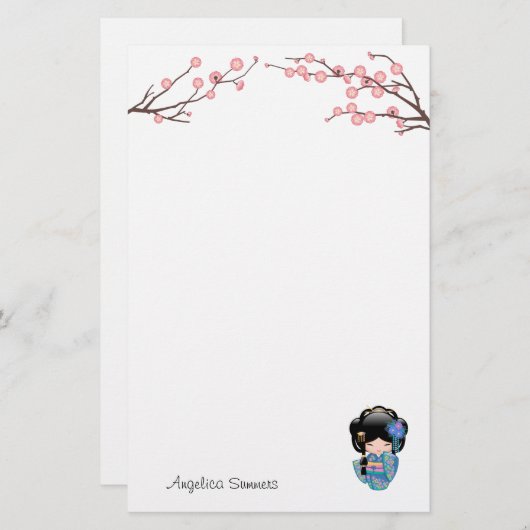 Keiko Kokeshi Doll - Blue Kimono Geisha Girl Briefpapier (Voorkant / Achterkant)