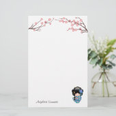 Keiko Kokeshi Doll - Blue Kimono Geisha Girl Briefpapier (Staand voorkant)