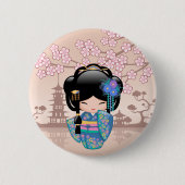 Keiko Kokeshi Doll - Blue Kimono Geisha Girl Ronde Button 5,7 Cm (Voorkant)