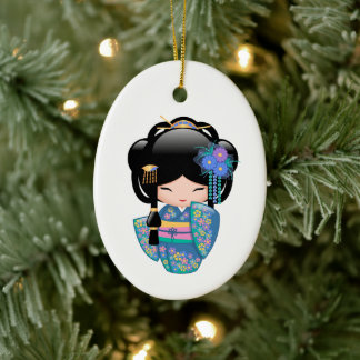 Keiko Kokeshi Doll - Blue Kimono Geisha Keramisch Ornament