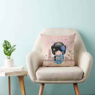 Keiko Kokeshi-pop - Blauwe Kimono Geisha Meisje Kussen