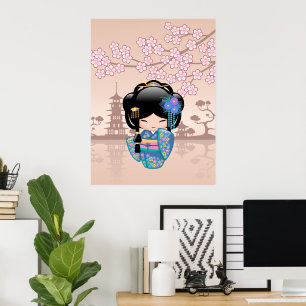 Keiko Kokeshi-pop - Blauwe Kimono Geisha-meisje Poster